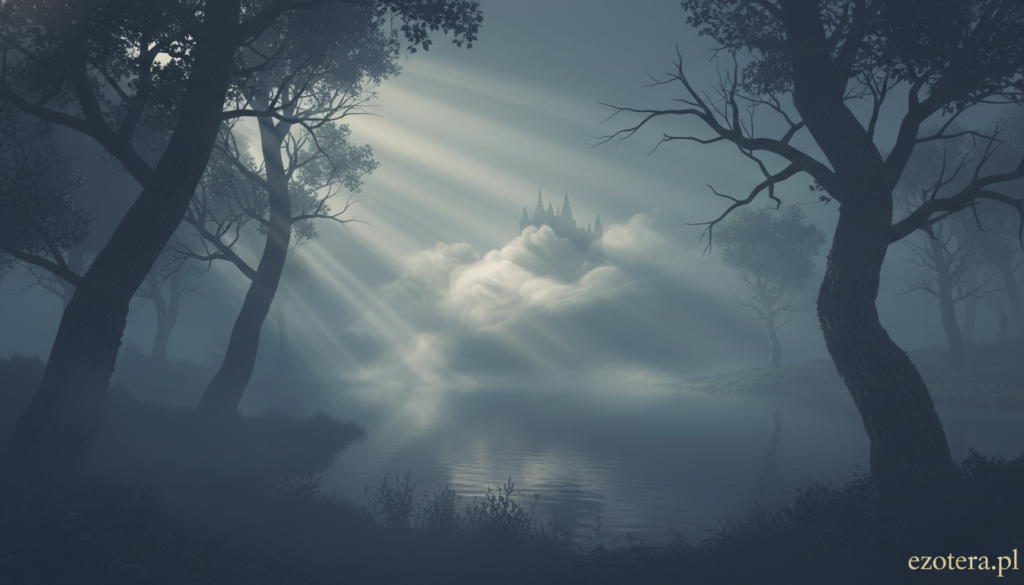 A mysterious, ethereal fog enveloping a shadowy forest at dusk, with ghostly silhouettes of ancient trees looming in the foreground. Soft beams of moonlight pierce through the branches, creating an eerie, enchanting atmosphere. In the middle ground, a faint outline of a distant castle shrouded in mystery, surrounded by swirling mist. A faint glow emanates from an unseen source, illuminating reflections on a calm, dark lake nearby. The scene captures the theme of unexplained phenomena, with a captivating blend of intrigue and suspense. Create a sense of wonder and curiosity. The image should evoke feelings of mystery and the supernatural, embodying the essence of unexplained happenings. Ensure the brand name "ezotera.pl" appears subtly in the corner without any distracting elements.