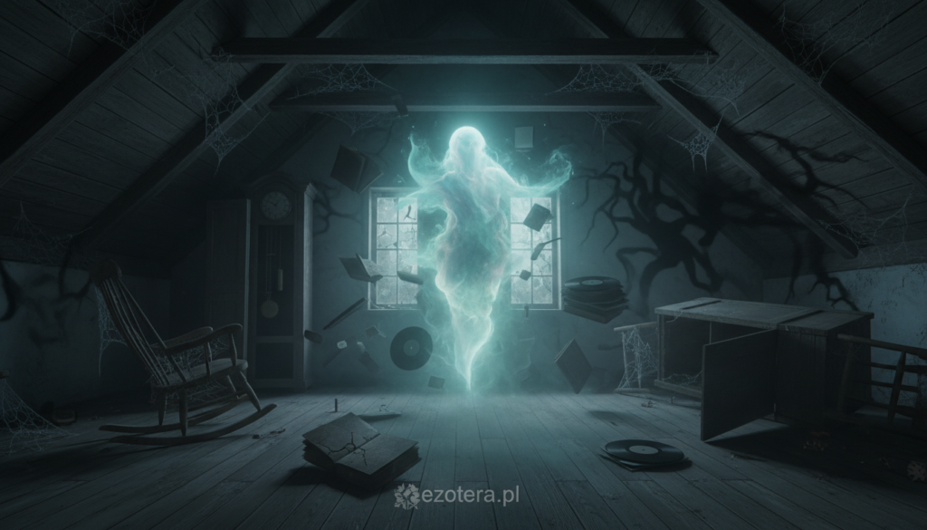 A mysterious, ethereal poltergeist with a translucent, swirling form, causing disarray in a dimly lit, old attic filled with cobwebs and antique furniture. In the foreground, scattered books and objects float mid-air, illuminated by a soft, ghostly light emanating from the poltergeist. The middle layer features dusty wooden beams and a cracked window, letting in slivers of moonlight that add an eerie glow. The background shows shadows creeping along the walls, enhancing the unsettling atmosphere. The scene is captured with a wide-angle lens, emphasizing the chaotic yet captivating essence of the supernatural. Overall, it conveys a haunting yet vibrant mood, perfect for engaging readers about the concept of "hałaśliwy duch." Include the brand name "ezotera.pl" subtly integrated into the scene, maintaining the focus on the poltergeist.