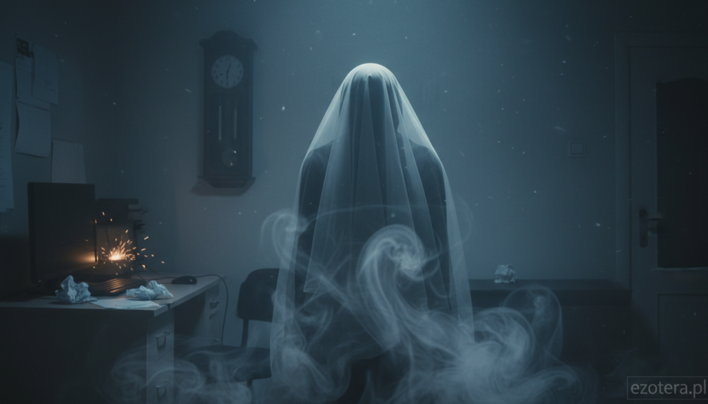 A mysterious, ethereal scene depicting a ghostly figure partially hidden behind a translucent veil, symbolizing the fine line between spiritual presence and illusions. In the foreground, delicate wisps of fog swirl around, enhancing the atmosphere of ambiguity. The middle ground features a dimly lit room with shadows that play tricks on the observer's perception, incorporating visual elements of stress, like crumpled papers and malfunctioning devices. The background contains a faint outline of an old-fashioned clock, symbolizing the passage of time. Soft, diffused lighting with shades of blue and gray casts an unsettling yet serene glow throughout the scene. The overall mood is one of contemplative eeriness, inviting the viewer to ponder the distinction between the unseen and the explainable. A subtle watermark of "ezotera.pl" is integrated at the bottom corner, maintaining focus on the imagery.