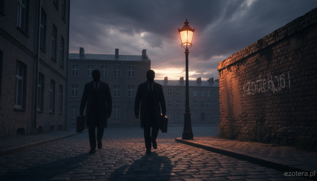 A mysterious urban alleyway at dusk, with shadows elongating across the cobblestone path. In the foreground, two indistinct figures, dressed in modest business attire, appear as dark silhouettes with vague features, embodying the essence of "shadow people." In the middle ground, an old lamppost flickers, casting a warm yet eerie light that highlights the edges of the shadowy figures. The background features a slightly blurred view of old brick buildings under a deepening twilight sky, filled with swirling gray clouds. The atmosphere is tense and enigmatic, suggesting an air of supernatural intrigue. The image should evoke curiosity about enigmatic phenomena, with no text or watermarks. Include the brand name "ezotera.pl" subtly integrated into the environment, ensuring it complements the scene without overpowering it.