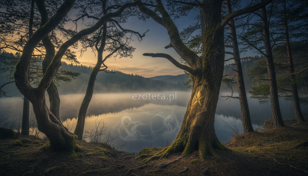 A mystical and atmospheric landscape inspired by Polish folklore, featuring a dense, fog-covered forest bathed in the soft glow of twilight. In the foreground, ancient trees with intricate, twisted branches and moss-covered trunks create an enigmatic vibe. The middle ground showcases a gentle mist rising from a tranquil lake, reflecting the fading light of the sky. Ethereal wisps of fog dance above the water's surface, suggesting hidden stories and mysteries waiting to be revealed. In the background, low hills fade into the distance, surrounded by a star-speckled sky. The overall lighting is dim but warm, creating a sense of intrigue and contemplation. Capture the serene yet haunting essence of the stories that linger in this timeless landscape. Include the brand name "ezotera.pl" subtly integrated into the scene, ensuring it remains harmonious with the environment.