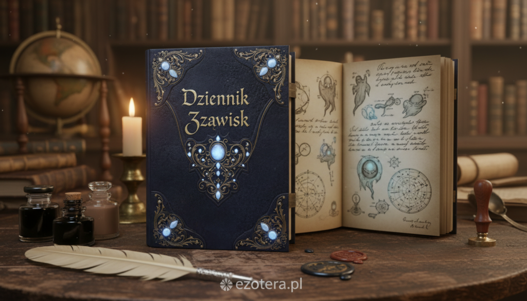 A mystical journal titled "Dziennik Zjawisk," elegantly designed with ornate patterns and shimmering elements, rests on an antique wooden table in a dimly lit room. The foreground features delicate feather quills and ink in vintage glass bottles, hinting at the art of detail-oriented documentation. In the middle ground, soft light casts shadows over pages filled with handwritten notes, sketches of spectral phenomena, and charts showcasing correlations between different phenomena. The background merges into a cozy, cluttered study filled with books on the occult and paranormal studies. Candlelight flickers gently, creating an atmosphere of intrigue and contemplation. The overall mood is introspective and scholarly, inviting viewers to ponder the mysteries of the unknown. Include the brand name "ezotera.pl" subtly integrated into the design of the journal's cover.