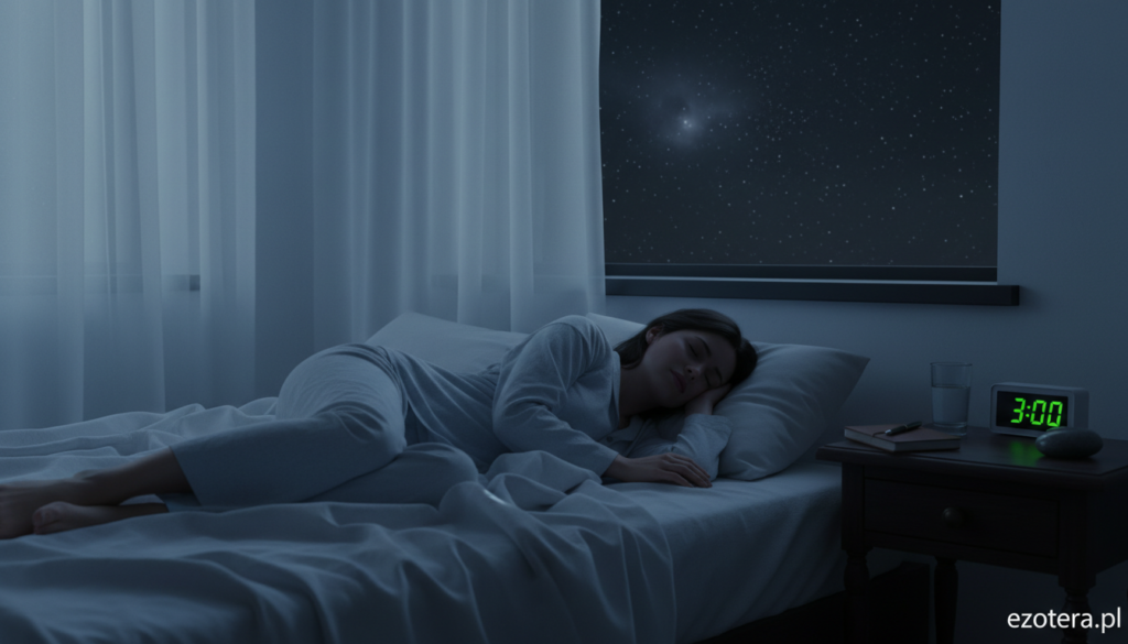 A serene bedroom scene at 3 AM, softly illuminated by moonlight filtering through sheer curtains. In the foreground, a peaceful person in modest sleepwear lies in bed, their eyes gently closed, embodying tranquility. In the middle, a bedside table holds a digital clock displaying "3:00," surrounded by personal items like a notepad and a glass of water, hinting at nighttime reflections. In the background, a window reveals a calm, starry sky, enhancing the dreamlike atmosphere. The lighting is soft and cool, casting gentle shadows that create a sense of introspection. This image conveys the mysterious significance of waking up at 3 AM, tying into themes of dreams and science. The brand name "ezotera.pl" subtly incorporated in the corner.