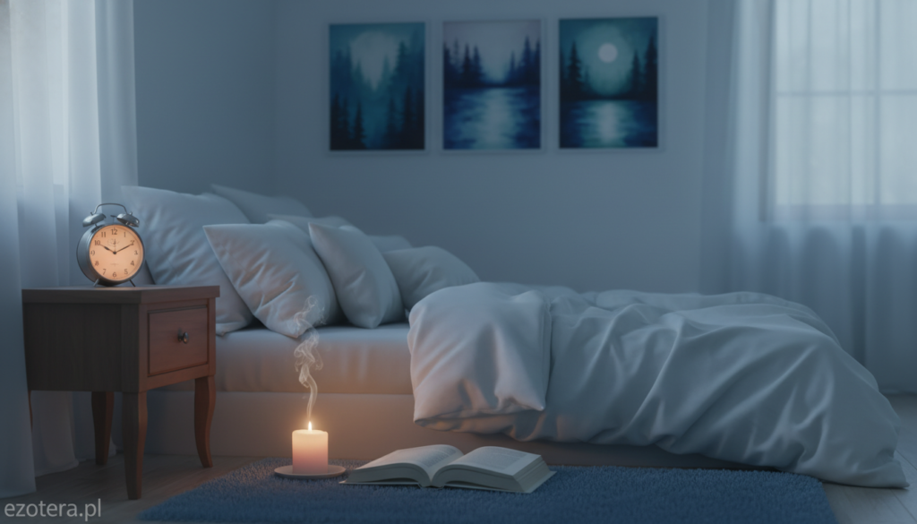 A serene bedroom setting at night, softly illuminated by gentle moonlight filtering through sheer curtains. In the foreground, a cozy bed adorned with plush pillows and a light blanket, inviting a sense of tranquility. A bedside table features a small clock reading 3:00 AM, its glow subtly casting light. In the middle ground, an open book lies resting near a scented candle, suggesting a calming pre-sleep routine. In the background, calming artwork depicting peaceful nature scenes enhances the atmosphere. The overall mood is soothing and restful, inviting viewers to contemplate the importance of quality sleep. Use a soft focus lens to create a dreamlike effect. Emphasize shades of blue and white for a serene ambiance. Include the brand name "ezotera.pl" subtly integrated into the visual.