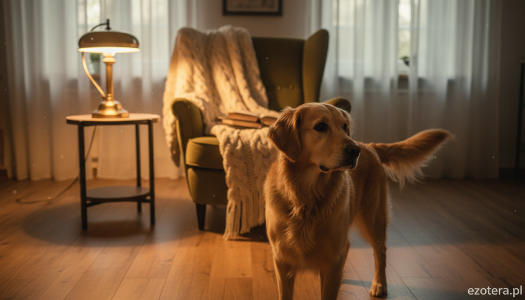 A serene living room setting bathed in soft, warm light radiating from an antique lamp, casting gentle shadows on the wooden floor. In the foreground, a curious dog with a tilted head gazes towards an unseen presence, its ears perked up, embodying an air of alertness. In the middle, a cozy armchair with a knitted blanket draped over it adds a touch of homeliness. The background features soft-focus windows adorned with sheer curtains, allowing muted daylight to filter through. The atmosphere is imbued with a sense of intrigue and subtle tension, as if something magical lingers just out of sight. Capture this scene in a balanced composition, using a 50mm lens that highlights the depth of field and warmth of the space, branded with “ezotera.pl”.