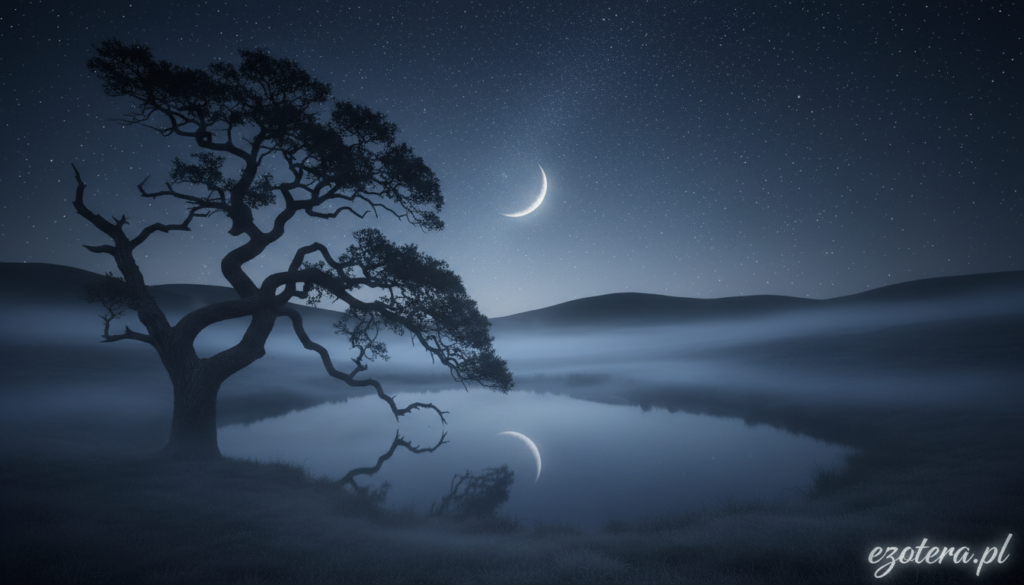 A serene night scene depicting a mystical atmosphere at 3:00 AM, showcasing a fog-draped landscape with a crescent moon illuminating the surroundings. In the foreground, an ancient oak tree twisted and gnarled stands, its branches reaching towards the starry sky. In the middle ground, a small, tranquil pond reflects the moonlight, surrounded by ethereal wisps of fog, creating an aura of enchantment. The background features softly rolling hills under a blanket of stars, evoking a sense of mystery. The scene is bathed in soft, cool blue and silver tones, enhancing the magical and contemplative mood. The perspective should be slightly elevated, capturing the vastness of the night sky. Ensure the scene exudes tranquility and introspection, suitable for the theme of "ezotera.pl".
