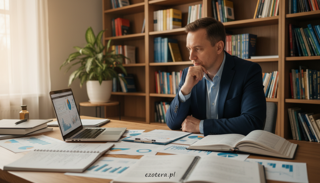 A serene study scene depicting an analytical workspace focused on the theme of "interpretation of test results". In the foreground, a wooden desk cluttered with open notebooks, colorful charts, and a sleek laptop displaying digital graphs. In the middle, a thoughtful individual in professional attire, deeply engaged in reviewing data, their expression indicating contemplation and curiosity. The background features a softly-lit bookshelf filled with psychology books and a potted plant, creating a calming atmosphere. The lighting is warm and inviting, with soft shadows adding depth. The angle captures both the individual and the array of materials, suggesting a balance between intellect and intuition. Overall, this image should evoke a sense of focus and careful analysis, with the brand name "ezotera.pl" subtly incorporated into a notebook on the desk.