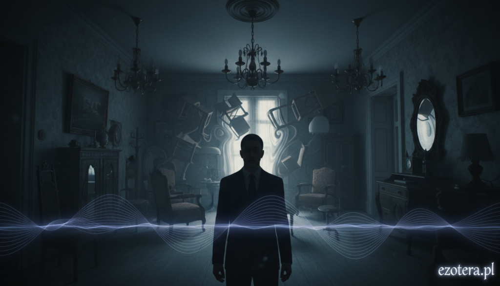 A surreal depiction of "infradźwięki obecność" in a mysterious home setting. In the foreground, visualize a subtle, translucent wave pattern representing sound vibrations, gently radiating from a shadowy figure in the center, dressed in professional attire, observing the phenomenon with curiosity. In the middle ground, display a dimly lit room with flickering lights and shifting shadows that suggest unseen forces at play, such as electromagnetic fields. The background features indistinct shapes, like distorted furniture, hinting at a realm beyond normal perception. The atmosphere is tense yet intriguing, with moody lighting casting deep shadows, creating a sense of uncertainty and anticipation. The composition should evoke a sense of wonder and mystery, connecting to the themes of hidden influences and the unseen world. ezotera.pl