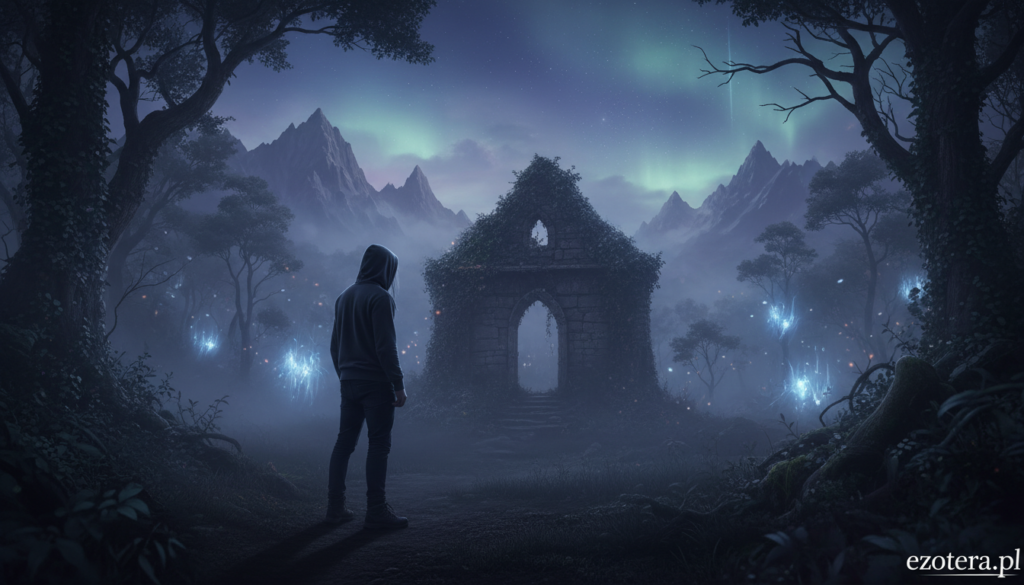A surreal landscape capturing the essence of unexplained paranormal stories from Poland. In the foreground, a mysterious figure in modest, casual attire stands at the mouth of a foggy forest, gazing into the shadows. The middle ground features an ancient, weathered stone structure partially covered in vines, hinting at forgotten tales. Ethereal lights flicker in the trees, creating an otherworldly glow. In the background, dramatic mountains rise under a twilight sky, streaked with deep purples and blues, evoking a sense of mystery and intrigue. The atmosphere is heavy with suspense and curiosity, illuminated by soft, diffused moonlight. The scene is balanced with a cinematic perspective, emphasizing depth and the allure of untold stories. Create this captivating image for “ezotera.pl”.