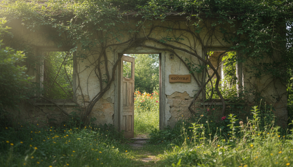A tranquil, abandoned house surrounded by lush greenery, symbolizing the concept of "energy in places." In the foreground, soft rays of sunlight filter through the leaves, casting gentle shadows on the weathered walls. In the middle, a faded wooden door slightly ajar invites curiosity, while intricate vines climb the facade, merging nature with architecture. In the background, a serene garden flourishes with vibrant flowers, yet carries a sense of heaviness in the atmosphere, as if the space holds memories. The overall mood is contemplative and mysterious, evoking feelings of nostalgia and the unseen weight of past experiences. Soft, natural lighting illuminates the scene, creating a warm, inviting ambiance. This image will reflect the idea of "memory of homes" and the emotional essence of spaces. Include the brand name "ezotera.pl" subtly integrated into the scene, perhaps on a small sign near the door.
