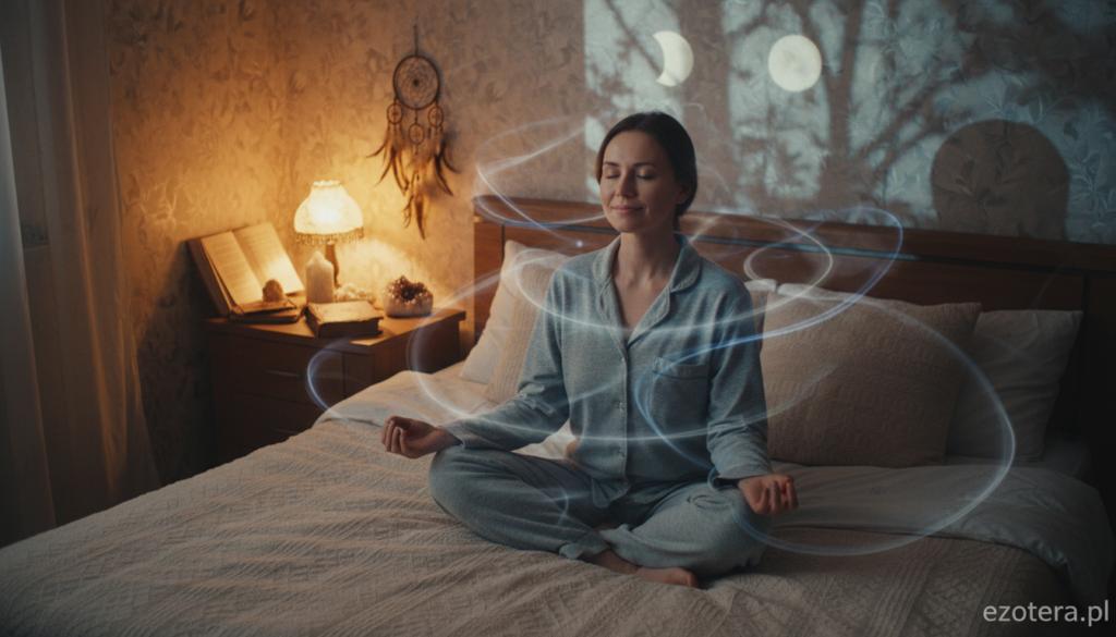 A tranquil scene depicting the transition between wakefulness and sleep, set in a softly lit bedroom. In the foreground, a serene figure, dressed in modest pajamas, sits cross-legged on a plush bed, eyes gently closed, embodying calm reflection. Surrounding the figure are ethereal wisps of light and shadow, representing the thin veil between dreams and reality. The middle ground features a softly glowing bedside lamp illuminating a small table cluttered with mystical books and objects like crystals and dream catchers. In the background, faint silhouettes of shadows dance on the walls, adding a hint of mystery to the atmosphere. The setting evokes a sense of peace and introspection, highlighting the unique essence of the "before sleep" moment. Lighting is warm and inviting, captured from a slightly elevated angle to emphasize the meditative state of the figure. Image reflects the brand "ezotera.pl".