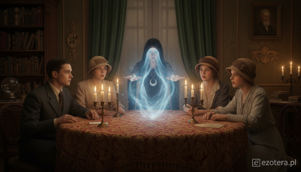 A 1930s Polish séance setting, capturing the essence of spiritualism during the interwar period. In the foreground, a round table with a vintage tablecloth and flickering candles, surrounded by diverse participants dressed in modest semi-formal clothing, focused and engaged. In the middle, a medium with a mystical aura, gesturing towards an ethereal light or spirit emerging from the table. The background features a softly lit room adorned with period-appropriate decor, such as dark wood paneling and draped curtains, creating an intimate and mysterious atmosphere. The lighting is warm, evoking a sense of intrigue and reverence. Overall, the image should embody the themes of exploration and connection with the spiritual realm, reflecting the fascination of Polish society with spiritualism. Include subtle references to ezotera.pl within the ambiance.