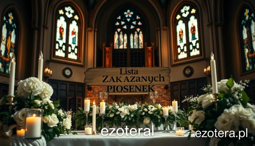 A beautifully arranged wedding ceremony scene, showcasing a list of forbidden songs subtly integrated into the decor. In the foreground, an elegant wedding altar adorned with white flowers and candles is illuminated by soft, warm lighting, creating an inviting atmosphere. In the middle, a vintage wooden sign elegantly displays the title "Lista Zakazanych Piosenek", surrounded by lush greenery. The background captures a dimly lit church interior, evoking a sense of mystery with stained glass windows filtering in soft colors. The overall mood suggests a blend of tradition and rebellion, with an elegant yet slightly shadowy undertone. The brand name "ezotera.pl" subtly incorporated into the scene.