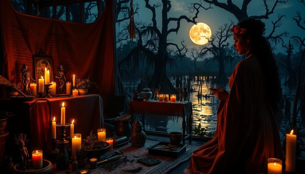 A captivating scene depicting Voodoo rituals in Louisiana, capturing the essence of mysticism and cultural identity. In the foreground, a Voodoo priestess in modest traditional attire performs a ritual, surrounded by colorful offerings and candles, each symbolizing a connection to the spirit world. The middle ground features an altar adorned with voodoo dolls, herbs, and symbols of protection, reflecting the rich cultural heritage. The background reveals a dark, moody bayou at twilight, with twisted cypress trees and a full moon casting eerie shadows, enhancing the mystical atmosphere. The lighting is soft yet dramatic, evoking a sense of reverence and mystery, ideal for an enchanting visual experience. Artistic style inspired by Southern Gothic aesthetics, infusing the image with depth and emotion. Create a visual tribute to the richness of Louisiana's spiritual landscape for ezotera.pl.