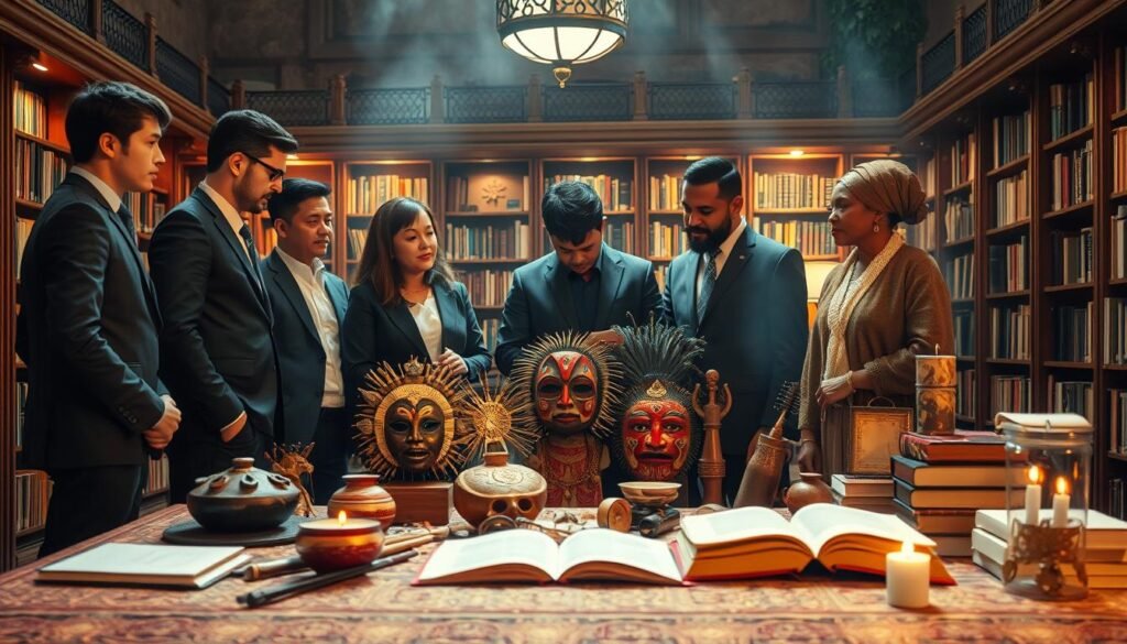 A captivating scene depicting the exploration of cultural rituals, with an emphasis on their complex nature. In the foreground, a diverse group of individuals dressed in professional attire, engaged in thoughtful discussion, examining symbolic artifacts that represent various controversial rituals. The middle ground features a tapestry of cultural elements—traditional masks, ceremonial instruments, and books, reflecting different perspectives on these practices. In the background, a softly lit library with rich wood tones and warm lighting, suggesting a safe space for inquiry. The atmosphere is contemplative and respectful, encouraging understanding of the significance behind rituals. Ideal lighting creates an inviting mood, showcasing the depth of cultural practices. This image should visually align with the theme of responsible exploration of cultural controversies, branded with "ezotera.pl".