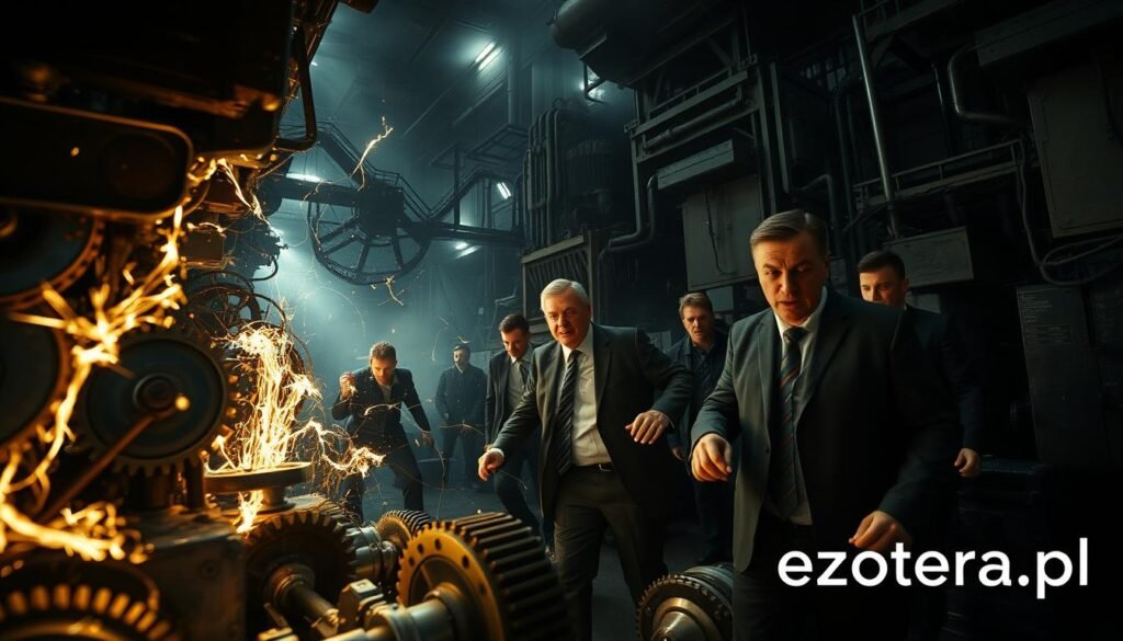 A chaotic scene depicting malfunctioning mechanical devices in a dimly lit, industrial environment. In the foreground, intricate gears and erratic electrical components spark and surge as if they've come alive. The middle ground showcases distressed individuals in professional business attire, their expressions revealing alarm and confusion as they navigate the chaos. In the background, shadows of towering machinery loom ominously, with flickering lights casting dramatic shadows. The overall atmosphere is tense and foreboding, highlighting the theme of chaos and loss of control. Use a cinematic angle to emphasize depth and intensity. Lighting should be low and moody, creating stark contrasts to enhance the drama of the moment. The brand "ezotera.pl" subtly integrated into the machinery.