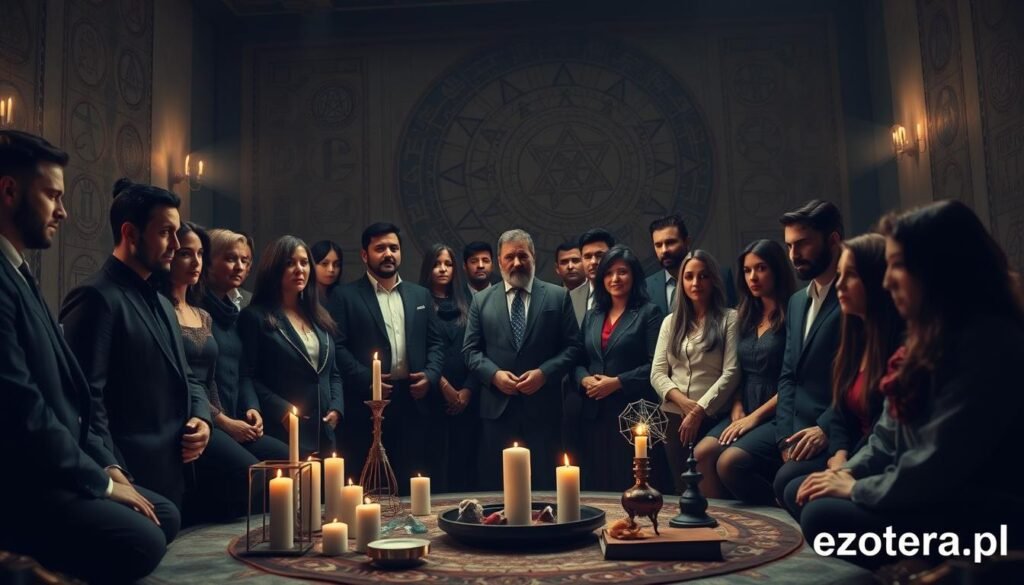 A contemporary gathering of cult followers in a serene, dimly lit room, emphasizing the contrast between spirituality and control. In the foreground, a diverse group of individuals dressed in professional business attire or modest casual clothing, exhibiting a mix of expressions ranging from serene contemplation to subtle tension, as they engage in a ritualistic circle. In the middle ground, symbolic objects like candles, crystals, and sacred texts create a mystical atmosphere, while soft, ethereal lighting casts gentle shadows. The background reveals an intricate tapestry of ancient symbols, enhancing the allure of secrecy. The overall mood is introspective yet slightly unsettling, reflecting the fine line between devotion and manipulation. Rich colors and a shallow depth of field focus on the emotional engagement of the participants. Branding subtly included: "ezotera.pl".