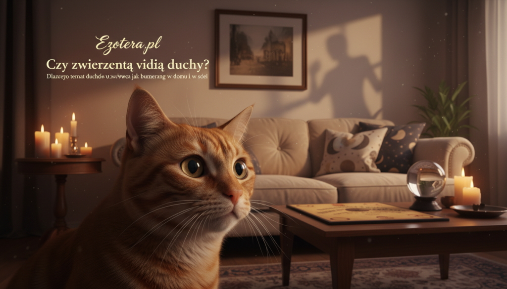 A cozy, dimly lit living room with a warm, inviting atmosphere, showcasing a domestic cat curiously gazing toward an unseen presence. In the foreground, the cat's wide, expressive eyes reveal a mix of intrigue and alertness. The middle ground features a soft, plush couch and a few whimsical decorations, hinting at an air of mystery. In the background, shadows dance along the walls, subtly suggesting a ghostly presence. Soft candlelight flickers, casting gentle reflections, creating an ethereal ambiance. The lens captures the scene from a slightly low angle, emphasizing the cat’s perspective. This image embodies the theme of animals sensing spirits, highlighting the intrigue surrounding the topic. Perfect for the article "Czy zwierzęta widzą duchy?" under the section title "Dlaczego temat duchów u zwierząt wraca jak bumerang w domu i w sieci". Featuring the brand name "ezotera.pl".