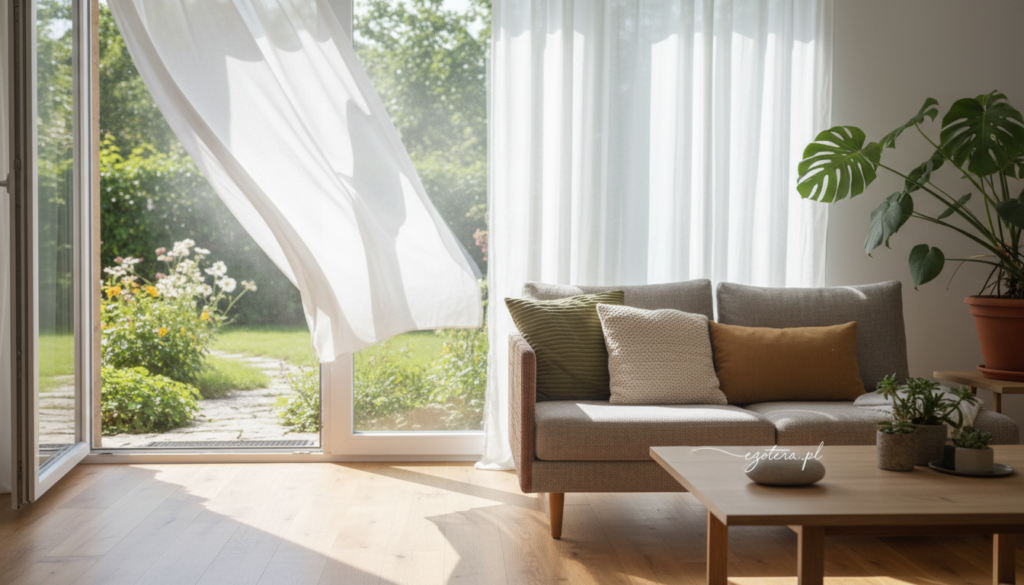 A cozy living room scene illustrating the concept of "przewietrzanie domu" (airing out the house). In the foreground, a lightly dressed window is open, with soft, billowing curtains flowing gently in a light breeze, allowing fresh, bright sunlight to filter in. In the middle ground, a modern, minimalist couch with earthy tones and a few inviting pillows contributes to a sense of warmth. Potted plants are placed around the room, symbolizing vitality and life. The background features a serene view of a sunlit garden outside, enhancing the atmosphere of freshness and tranquility. The lighting is natural, casting gentle shadows on the hardwood floor, creating a peaceful and refreshing ambiance. The overall mood is uplifting and rejuvenating, ideal for preparing a home for spiritual cleansing. Brand name "ezotera.pl" subtly integrated into the scene with an organic look.
