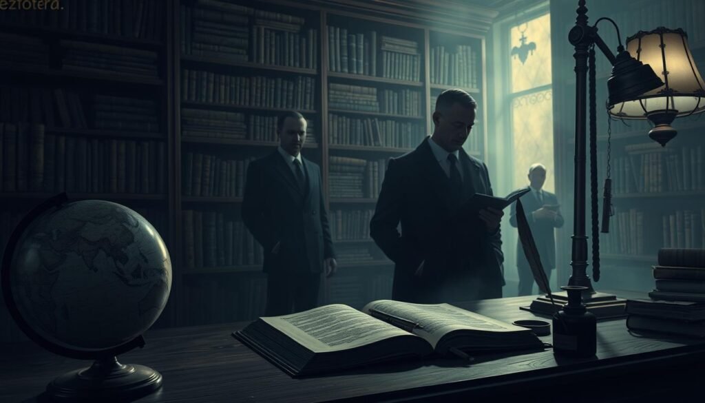 A dark and atmospheric illustration depicting the concept of "character materiału" related to the theme of death cults. In the foreground, a neatly arranged desk with an antique globe, a thick book opened to a page filled with mysterious symbols, and a quill pen next to an inkpot. In the middle ground, shadowy figures in professional business attire examining aged documents, their faces partially obscured, embodying the responsibility of knowledge. The background features towering, dimly lit shelves laden with ancient texts and artifacts, evoking a sense of deep history. Soft, focused lighting from a vintage desk lamp creates an eerie glow, while a slight haze adds to the melancholic mood. The overall atmosphere is contemplative and haunting, reflecting the seriousness of the subject matter. Include the brand name "ezotera.pl" subtly in the corner of the image.