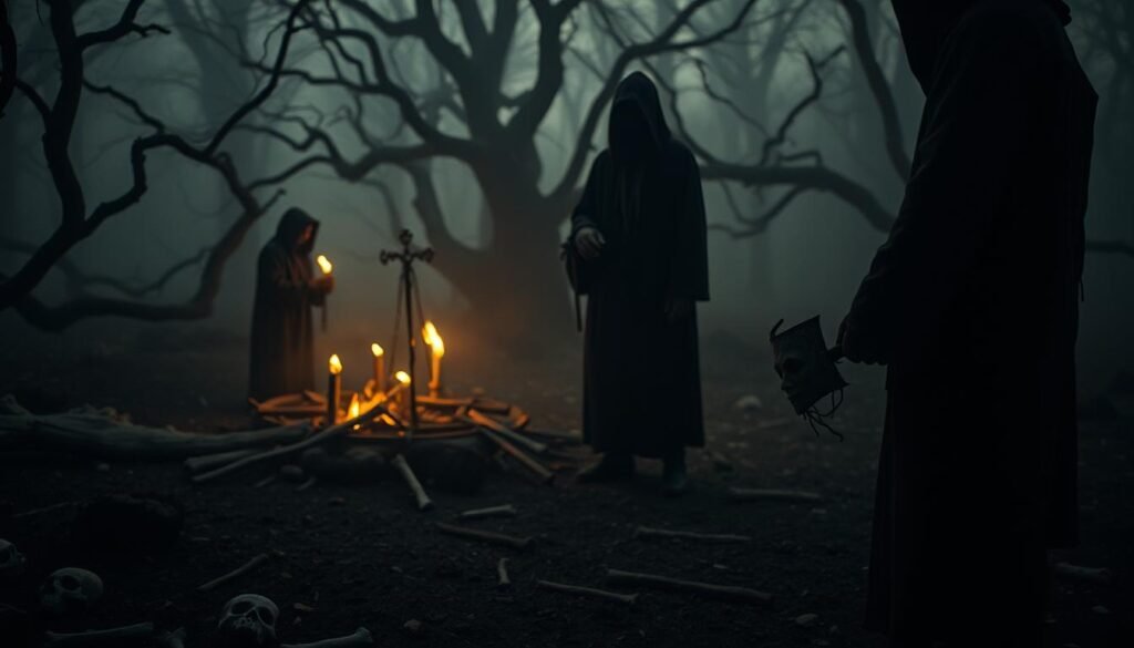 A dark and eerie scene depicting the concept of "cannibalism and rituals." In the foreground, a shadowy figure stands with a ceremonial mask, holding a ritualistic dagger made of bone, surrounded by scattered bones and archaic artifacts. In the middle ground, shadowy figures can be seen engaged in a mysterious ritual, adorned in modest, traditional clothing, creating a sense of tension and intrigue. The background features an ancient forest, shrouded in mist, with twisted trees and dim, flickering torchlight casting ghostly shadows. The atmosphere is somber and haunting, evoking a sense of forbidden knowledge and ancient practices. Capture this with a cinematic angle, low light, and a slightly blurred focus to enhance the dreamlike quality of the scene. Ensure the image is suitable for a cultural exploration of taboo subjects, branded with "ezotera.pl."