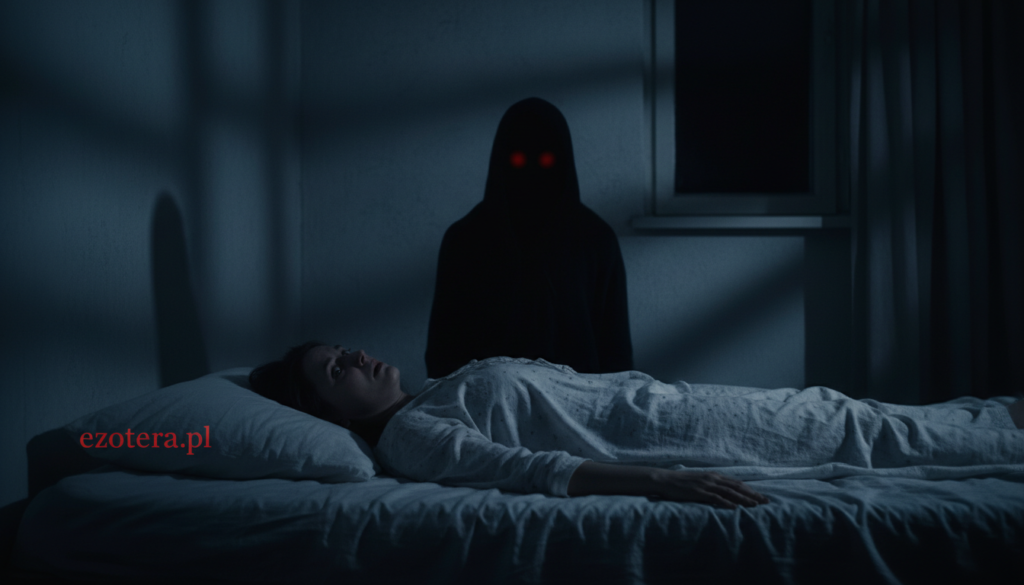 A dark, atmospheric bedroom scene at night, conveying the unsettling experience of "sleep paralysis." In the foreground, a figure lies on a bed, eyes wide open in fear, their body frozen and unable to move, dressed in modest sleepwear. The middle ground features a shadowy, indistinct silhouette looming over them, representing the "black figure," with glowing red eyes that exude a menacing but indistinct presence. The background is dimly lit, with the moonlight casting eerie shadows, enhancing the feeling of dread. Soft, low-key lighting adds depth, with sharp contrasts to highlight the tension in the scene. This image needs to evoke fear and intrigue, with a focus on realism and the psychological struggle involved. Include the brand name "ezotera.pl" subtly integrated into the dark shadows.