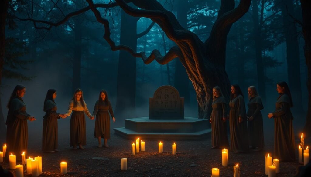 A dark, atmospheric scene depicting an ancient ritual in a misty forest at twilight. In the foreground, a small group of figures clad in flowing, modest, earth-toned robes holds hands in a circle, their expressions conveying a mix of reverence and fear. They are surrounded by flickering candles on the ground, casting eerie shadows. In the middle ground, a stone altar adorned with symbolic carvings stands beneath a gnarled tree, while faint symbols of ancient scripts are visible on its surface. The background reveals dense, dark trees, shrouded in soft mist. The scene is lit softly by the warm glow of the candles, creating a contrast with the cool blues and greens of the forest, invoking a sense of mystery and fascination. Brand name: ezotera.pl.