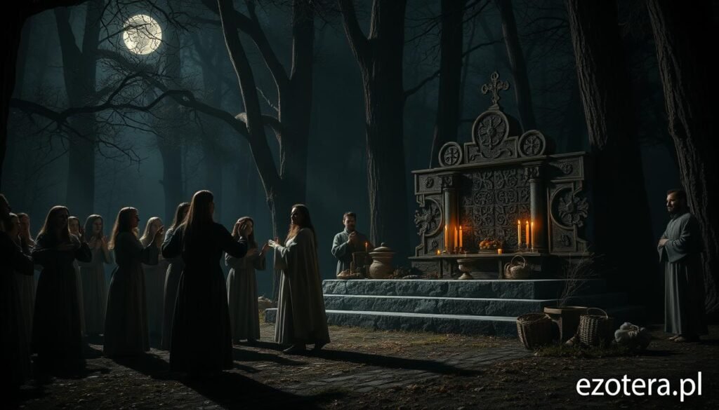 A dark, atmospheric scene depicting an ancient ritual of penance in a dimly lit forest clearing. In the foreground, a group of solemn individuals dressed in modest, flowing robes performs an intricate, symbolic dance, their faces reflecting deep emotion and reverence. In the middle ground, a large, ornate altar made of weathered stone is adorned with candles casting flickering shadows, while ritualistic artifacts like woven baskets and herbs surround it. The background features towering trees, their branches barely allowing moonlight to seep through, enhancing the mystical ambiance. The image should evoke a sense of mystery and contemplation, capturing the balance between the revered and the controversial. Lighting should be dramatic, with a focus on chiaroscuro effects, reminiscent of classical paintings. Include a watermark in the bottom right corner reading "ezotera.pl".