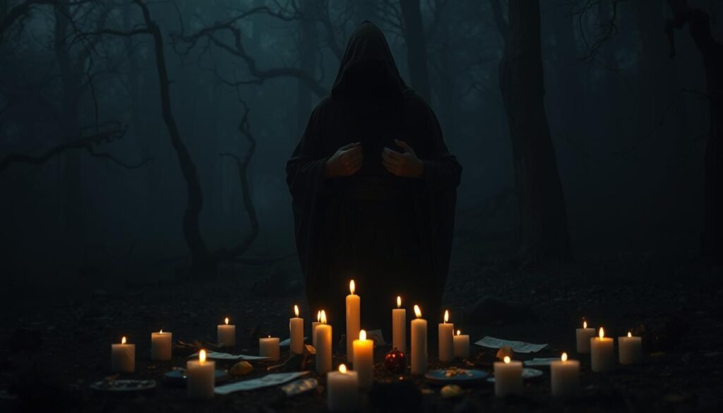 A dark, atmospheric scene depicting the fear surrounding forbidden rituals. In the foreground, a shadowy figure draped in dark, tattered robes stands with a hood obscuring their face, holding ancient symbols. In the middle ground, a circle of flickering candles casts eerie, dancing light, illuminating colorful, mysterious artifacts scattered on the ground. In the background, a dense, foggy forest looms, with twisted trees and faint, spectral shapes barely visible among the shadows. The lighting is dim and moody, creating a sense of unease and tension. The lens captures a slightly upward angle, emphasizing the figure's imposing presence against the dark woods. The overall atmosphere is ominous and mystical, evoking the dread and intrigue surrounding the topic of rituals. Include the brand name "ezotera.pl" subtly blended into the scene.