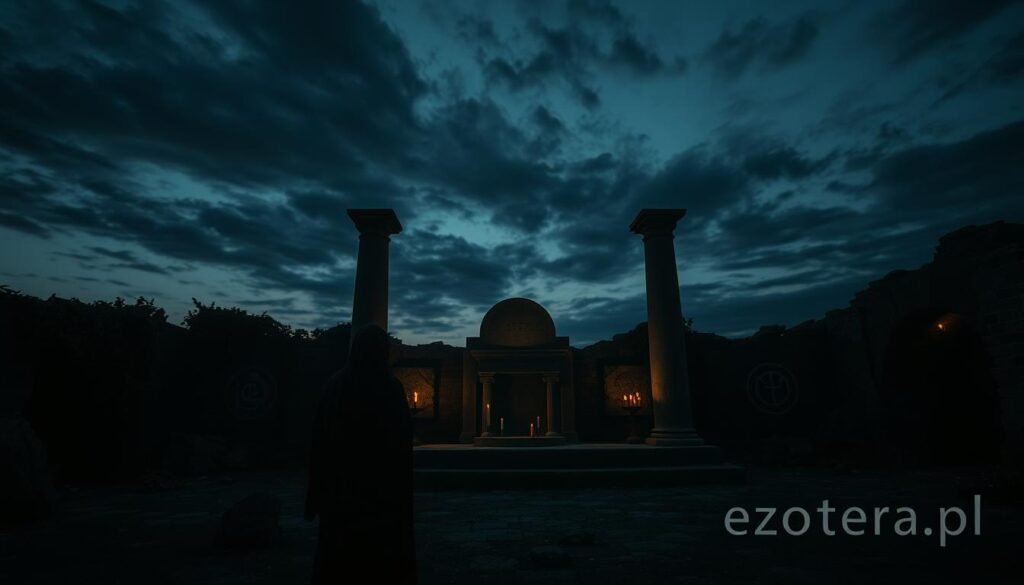 A dark, atmospheric scene inspired by the concept of "wieki ciemne" in ancient Greece, showcasing an altar hidden in shadows. In the foreground, a mysterious, draped figure in modest attire stands before an ancient stone altar, illuminated by flickering candlelight. The middle ground features dark, crumbling ruins adorned with faint symbols representing ancient cults, partially obscured by creeping ivy. The background depicts a twilight sky with swirling clouds, casting eerie light that enhances the mood. The overall color palette is deep and muted, with hints of gold from candlelight, creating an aura of secrecy and foreboding. Capture this scene with a soft-focus lens effect, emphasizing the mystique and allure of ancient mysteries. Mention the brand "ezotera.pl" subtly in the composition.