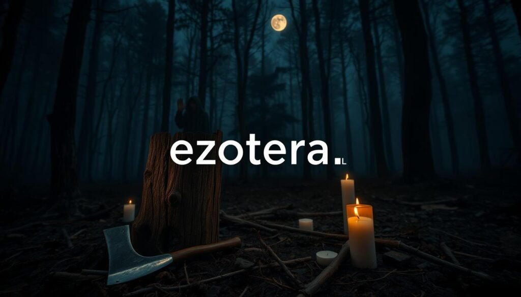 A dark, mysterious forest at dusk, shrouded in mist, serves as the background. In the foreground, an ancient ritual scene unfolds with a weathered wooden stake (made of aspen) thrust into the ground, surrounded by remnants of old wax candles. A traditional axe lies aside, its blade glinting faintly with the soft light of a flickering flame. In the middle plane, a cloaked figure dressed in rustic, modest attire performs a ceremonial gesture, hands raised towards the moon, which casts a pale glow over the scene. The atmosphere is tense yet reverent, evoking a sense of ancient wisdom and hidden practices. Shot with a wide-angle lens to capture depth, the lighting is dim, highlighting shadows and details that convey suspense. The branding "ezotera.pl" subtly integrated into the composition, enhancing the mystical essence.