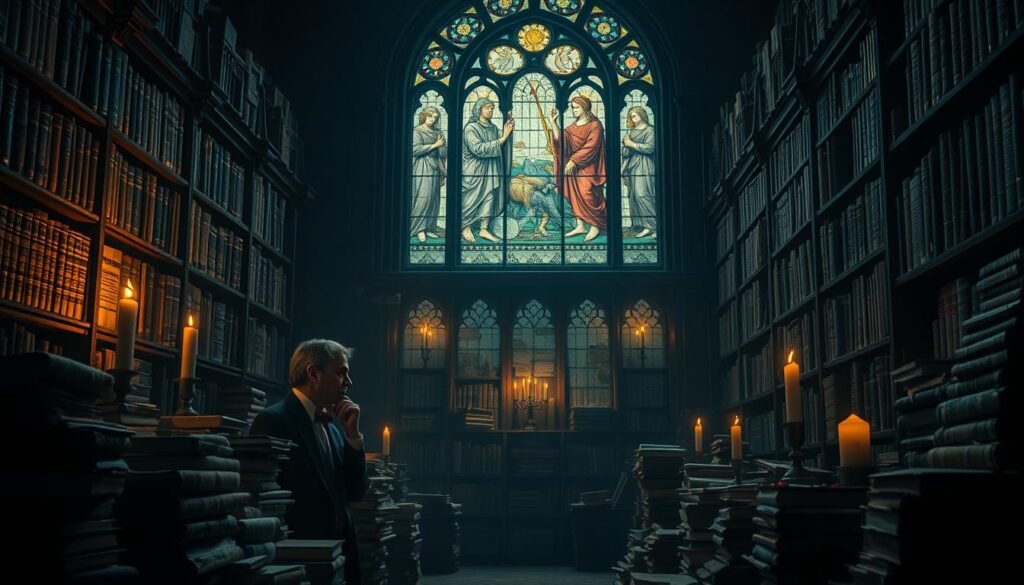 A dark, mysterious library filled with ancient books and manuscripts, symbolizing the clash between science and heresy. In the foreground, a scholar in professional attire, deep in thought, surrounded by stacks of dusty tomes, illuminated by soft candlelight that casts flickering shadows. In the middle ground, shelves lined with books labeled with various scientific theories and historical texts, some appearing forbidden with a red X across them. The background features a large stained-glass window depicting allegorical figures representing knowledge and ignorance, contributing to the somber atmosphere. The overall mood is contemplative and slightly ominous, conveying the tension of ideas suppressed through time. The image should reflect the essence of "nauki" while integrating subtle elements related to ezotera.pl.