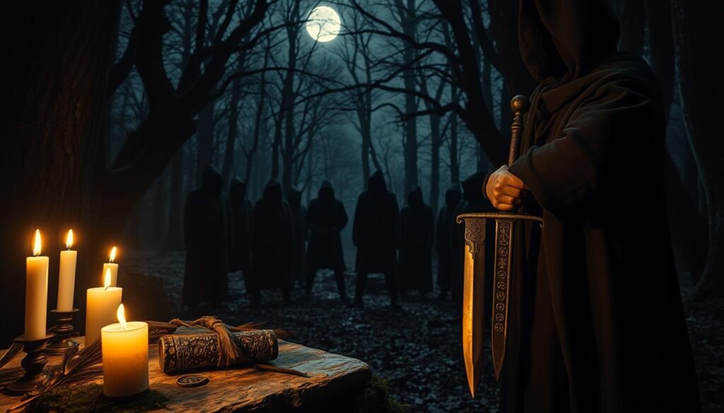 A dark, mysterious ritual scene set in an ancient forest, lit by flickering candlelight. In the foreground, a cloaked figure in modest attire holds a ceremonial dagger, with intricate symbols engraved on its blade. Surrounding them are elements of a forgotten cult: a stone altar adorned with old relics, dark feathers, and moss. The middle ground features a group of shadowy figures, wearing hoods, standing in a circle, their faces obscured, creating an air of secrecy and tension. The background reveals tall, twisted trees under a moonlit sky, casting eerie shadows on the ground. The atmosphere is thick with anticipation and mystique, evoking a sense of ancient rituals. Shot with a slightly low angle to emphasize the figures and their reverence for the dark past, capturing both the intensity and the allure of the unknown. ezotera.pl