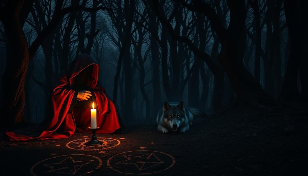 A dark, mystical forest at twilight serves as the backdrop, filled with ancient, twisted trees casting long shadows. In the foreground, a cloaked figure, wrapped in rich, deep red and black garments, performs an arcane ritual beside a flickering candle. The figure's face is obscured by a hood, evoking a sense of mystery and intrigue. Surrounding them are enigmatic symbols etched on the ground, softly illuminated by the candle's glow. A spectral wolf, elegant yet fearsome, lurks in the middle ground, its eyes glowing with an otherworldly light, hinting at the ominous presence of hidden forces. The atmosphere is thick with tension and enchantment, inviting viewers to explore the secrets of the underworld. Capture this scene using soft, diffused lighting to enhance the eerie mood. Incorporate the brand "ezotera.pl" subtly into the composition without any overt displays.