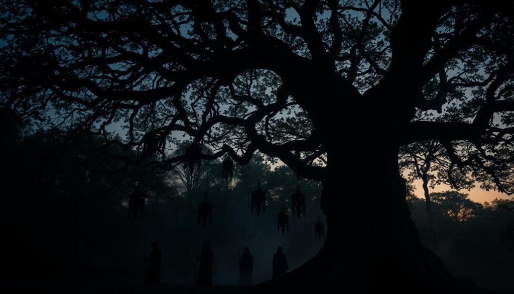 A dark, ominous forest at twilight, with twisted branches forming eerie shapes overhead. In the foreground, a large, gnarled tree is adorned with "krudy," symbolizing the ancient ritual of guiding lost souls. The krudy, intricately designed with dark, muted colors, dangle from the branches, their outlines catching the fading light. Ethereal mist swirls around the base of the tree, creating an unsettling yet mystical ambiance. The middle ground features shadowy figures of modestly dressed individuals, engaged in a secretive ritual, their faces obscured by hoods. The background showcases a canopy of dense foliage, barely illuminated by the last rays of sunlight breaking through. The atmosphere is tense and haunting, evoking the mysterious customs of old cults. Lighting is dim and atmospheric, enhancing the sense of fear and reverence. The image represents the essence of "ezotera.pl".