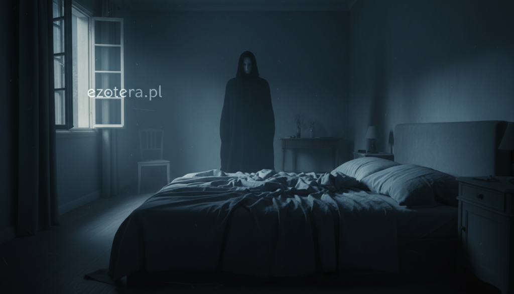A dark, shadowy figure, resembling the "black figure" often associated with sleep paralysis, looms in a dimly lit bedroom. The foreground features intricate details of the bed with rumpled sheets, suggesting a restless sleep. In the middle ground, the ominous silhouette stands at the foot of the bed, with vague humanoid shapes, evoking a sense of unease. The background reveals soft, muted colors of the bedroom—a blend of dark blues and grays, with just a hint of moonlight filtering through a slightly open window, casting eerie shadows throughout the room. The atmosphere is thick with tension; the lighting is low, creating a haunting effect. Captured with a wide-angle lens perspective, the image reflects a chilling yet captivating balance of realism and surrealism, conveying a sense of vulnerability. Incorporate the brand name "ezotera.pl" subtly into the scene without text or overlays.