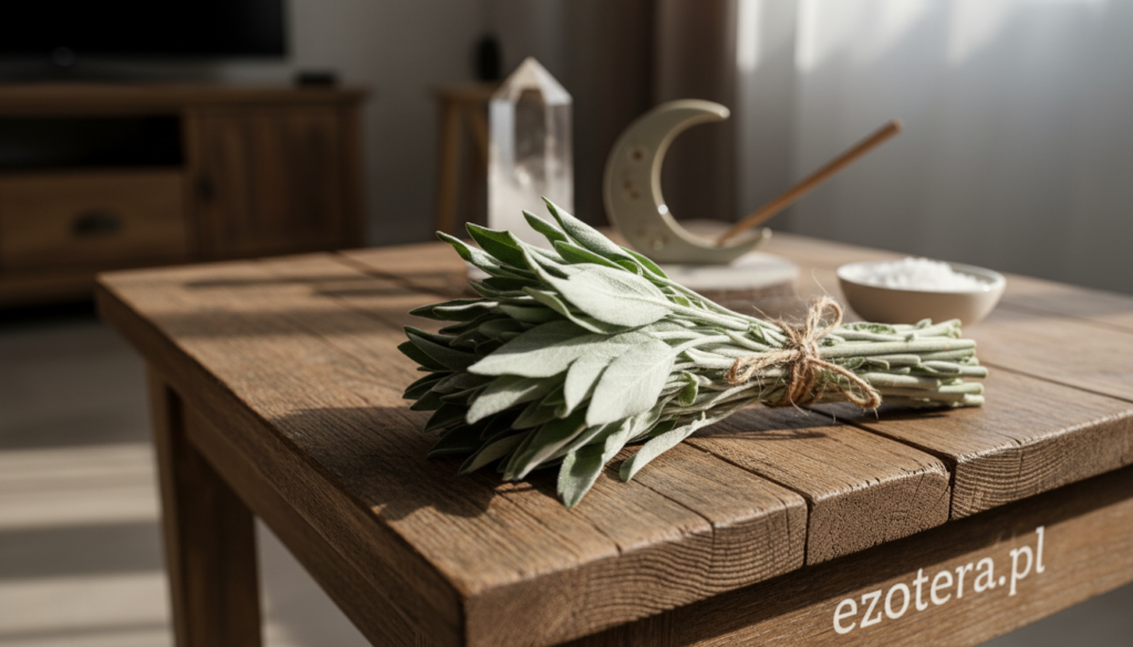 A detailed close-up of a fresh bundle of white sage (pęczek białej szałwii), tied with natural twine, resting on a textured wooden surface. The foreground features the sage with vibrant green leaves and silvery stems, showcasing its intricate details. In the middle, soft, diffused sunlight filters through a nearby window, casting gentle shadows and creating a serene atmosphere. The background contains a blurred image of a cozy, inviting living space, hinting at a peaceful home environment, with elements like a crystal, incense holder, and a bowl of salt subtly visible. The overall mood is tranquil and purifying, ideal for a cleansing ritual. Create this imagery with the brand name "ezotera.pl" subtly integrated into the scene.