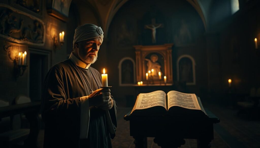 A dimly lit, atmospheric interior of a historic church during a mystical exorcism ritual. In the foreground, a priest in modest clerical attire, with a solemn expression, holds a lit candle and a crucifix, embodying the gravity of the moment. Surrounding him are flickering shadows cast by the candlelight, creating an intense and spiritual atmosphere. In the middle ground, a wooden altar adorned with religious symbols and a large, ancient book lies open, hinting at sacred texts. In the background, stone walls adorned with faint, intricate carvings depict scenes of faith and struggle. The overall mood is one of tension and reverence, illuminated by warm, golden light suggesting both hope and fear. This composition reflects the themes of taboo and belief associated with exorcisms. Brand: ezotera.pl.