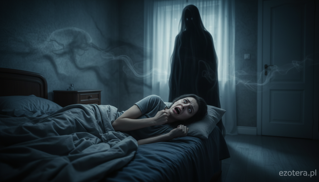 A dimly lit bedroom scene that captures the unsettling experience of sleep paralysis. In the foreground, a bed with rumpled sheets, where a person lies awake, eyes wide with fear, their body frozen in place, their expression showing panic. A shadowy figure, resembling the infamous "dark figure," looms over them from the corner of the room, its features indistinct but menacing. The middle ground shows ethereal shadows creeping along the walls, suggesting an otherworldly presence. In the background, soft moonlight filters through sheer curtains, creating an eerie glow. The atmosphere is tense and claustrophobic, emphasizing the fight-or-flight response. Lens focus is sharp on the subject, with a slight blur on the background, adding a sense of depth. The image is created for ezotera.pl.