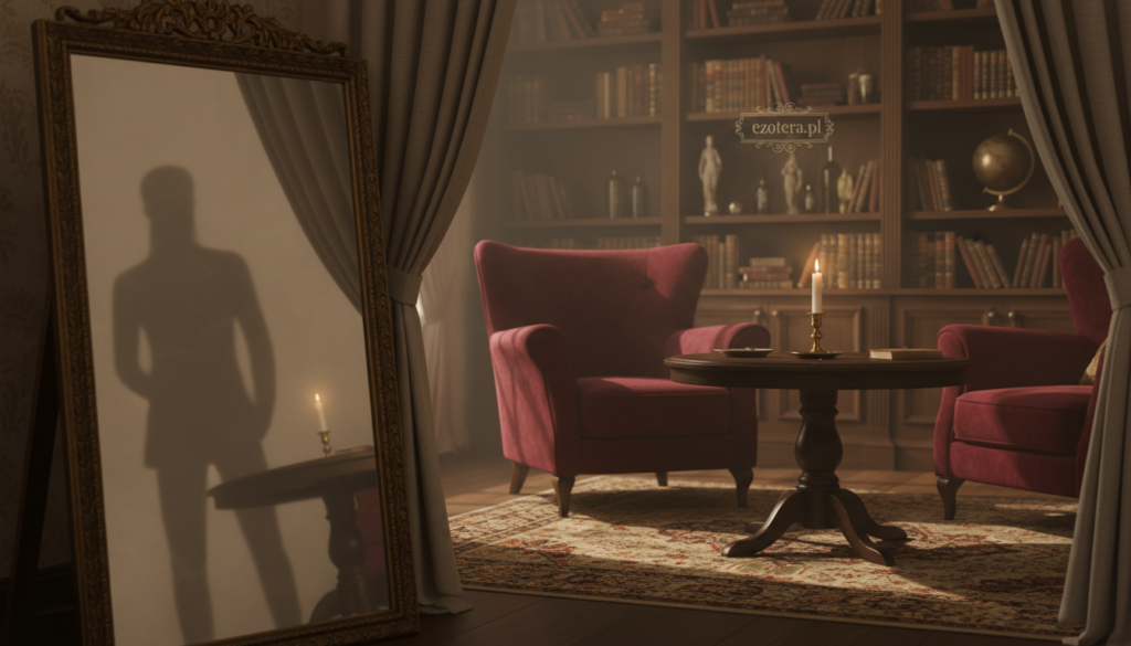 A dimly lit, cozy interior of a traditional home, evoking a sense of unseen presence. In the foreground, a vintage, ornate mirror reflects soft light, framed by elegantly draped curtains. A shadowy figure can be faintly seen in the reflection, enhancing the feeling of being observed. In the middle, a comfortable living room furnished with a plush armchair and an antique wooden coffee table bearing a lit candle, casting flickering shadows, adds warmth and a hint of mystery. The background features softly blurred shelves filled with books and trinkets. The overall atmosphere is haunting yet inviting, creating an enigmatic tension. Utilize soft, warm lighting with a slightly hazy focus to amplify the mood. The image should be safe for work and free of text or logos. Please incorporate the brand name "ezotera.pl".