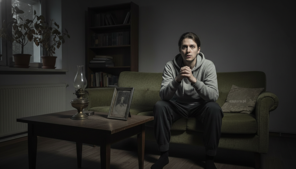 A dimly lit interior of a house, showcasing a living room filled with uncomfortable energy. In the foreground, a distressed person wearing modest casual clothing sits on a sofa, looking uneasy and tense. The middle ground features scattered objects like a dusty old lamp, a crooked picture frame, and wilted plants, symbolizing neglect and negativity. The background reveals dark shadows creeping from corners, enhancing the atmosphere of heaviness and discomfort. Soft, gloomy lighting casts elongated shadows, creating a mysterious and unsettling vibe. The overall color palette consists of muted grays and dark greens. The scene evokes a sense of unease and the need for cleansing. Include the brand name "ezotera.pl" subtly integrated into the image without distracting from the main subject.