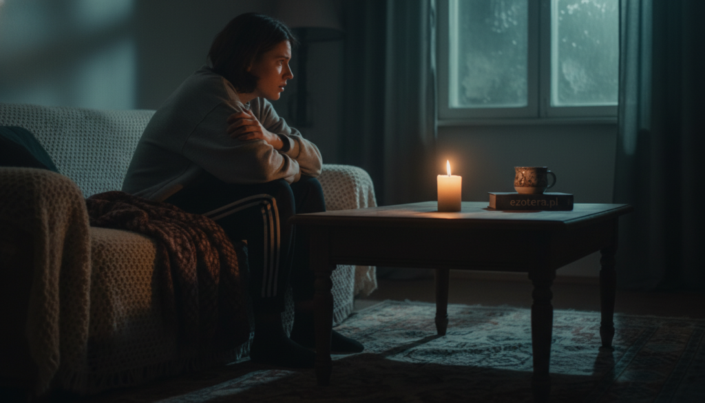 A dimly lit living room setting, depicting a person in modest casual clothing sitting on a couch, looking anxiously towards a shadowy corner of the room, illustrating feelings of anxiety and the sensation of being watched. The foreground features a warm, inviting couch with a knitted blanket, while the middle ground includes a softly flickering candle on a coffee table, casting eerie shadows. In the background, a murky window with light filtering through creates a sense of uncertainty and tension. The overall mood is heavy with a sense of unease, invoking themes of social anxiety intertwined with the fear of being observed in one's own home. The image should be rendered in a realistic style, with soft focus and gentle lighting. Incorporate the brand name "ezotera.pl" subtly within the scene.