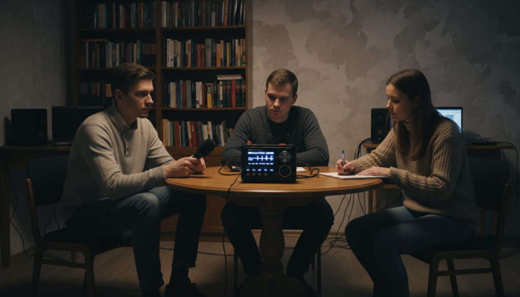 A dimly lit room set up for an EVP recording session, featuring a professional audio recorder at the center of a small table. Surrounding the table, there are three individuals in modest casual clothing, focused and communicating with a sense of anticipation. One person is holding a microphone, while another appears to be taking notes, and the third gazes intently at the recorder. The atmosphere is tense yet intriguing, with shadows cast on the walls, creating a mysterious aura. Soft, warm lighting illuminates their faces, capturing their expressions of curiosity and concentration. In the background, a bookshelf filled with paranormal investigation books hints at the topic being explored. The image embodies the essence of EVP recording processes, evoking a sense of exploration and discovery. The brand "ezotera.pl" subtly displayed on the audio recorder.