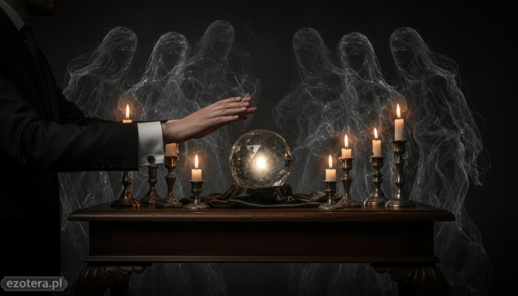 A dimly lit room with a mysterious ambiance, featuring a vintage wooden table at the center. On the table, an ornate crystal ball rests, surrounded by flickering candles casting warm, soft light. In the foreground, a pair of hands, dressed in modest business attire, are gently positioned over the crystal ball, as if they are about to conduct a séance. In the background, shadowy figures, abstract and ethereal, seem to linger, enhancing the sense of intrigue and potential manipulation. The color palette is dark with hints of golds and silvers, creating a mystical yet ominous atmosphere. The overall mood is one of caution and suspense, encapsulating the theme of risk and responsibility. The image should resonate with the essence of the paranormal and spiritual exploration. ezotera.pl