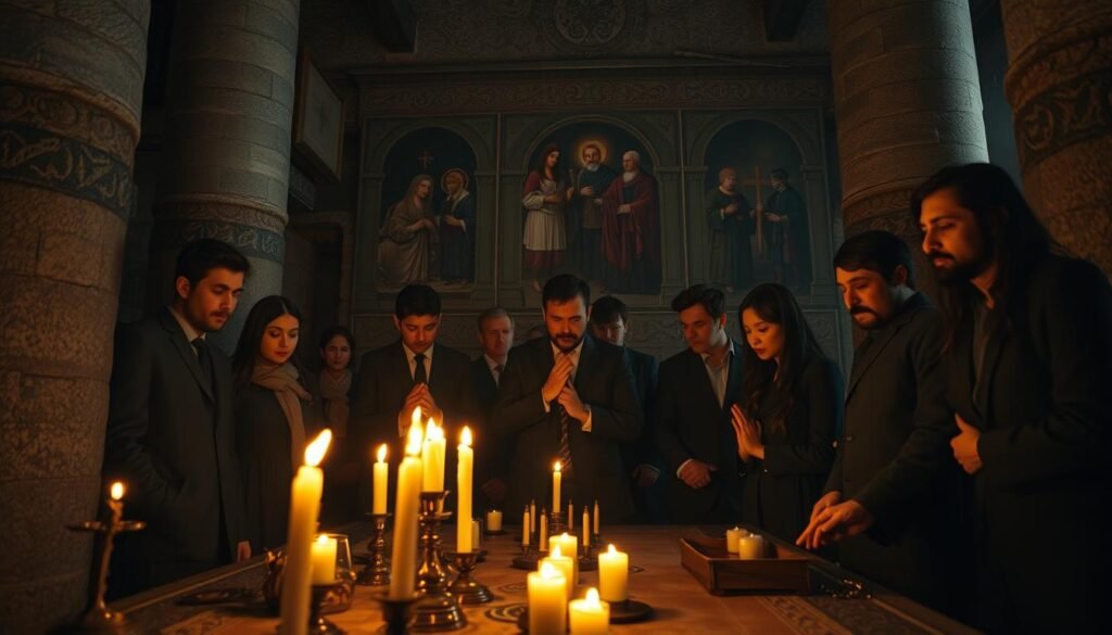 A dimly lit scene depicting a clandestine religious gathering within an ancient, stone-walled temple. In the foreground, a group of diverse individuals, dressed in modest, professional attire, are engaged in solemn ritualistic practices, their faces reflecting a mixture of reverence and tension. In the middle ground, flickering candles cast warm light on sacred artifacts and intricate symbols that signify various religious beliefs. The background features textured stone columns and faded murals depicting historical religious conflicts, hinting at the complexities of belief systems. The atmosphere is charged with a sense of mystery and quiet intensity, emphasizing the theme of forbidden practices. Captured from a low angle to accentuate the grandeur of the temple, with soft, natural lighting highlighting the subjects and enhancing the emotional depth. Created for ezotera.pl.
