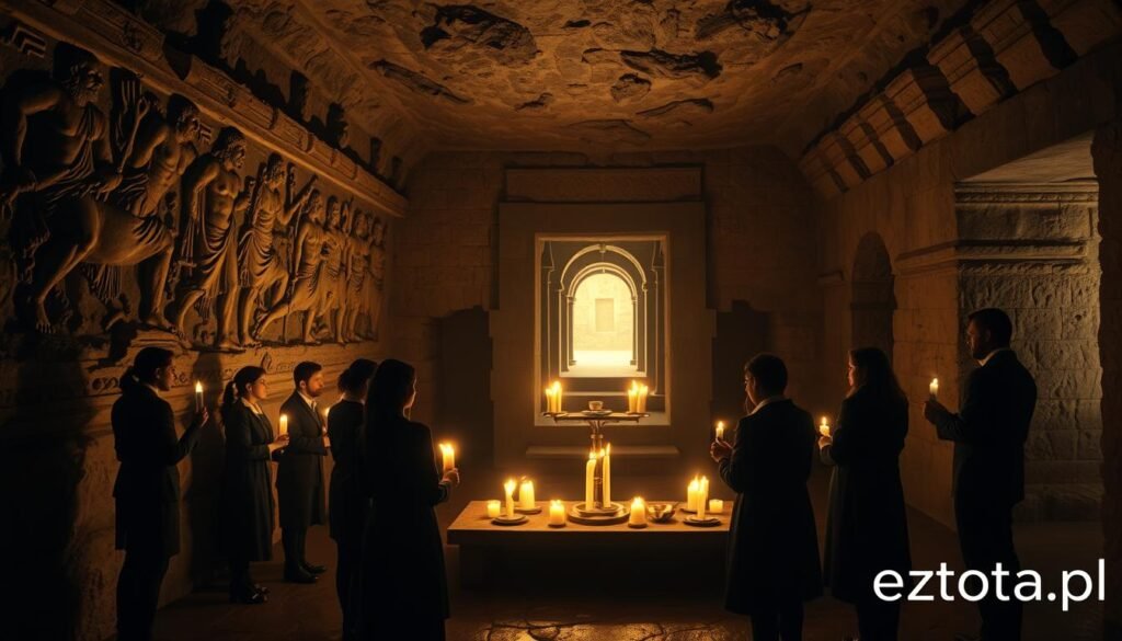 A dimly lit underground Mithraeum, with intricately carved stone walls adorned with ancient reliefs depicting scenes of Mithras slaying the bull. In the foreground, a small gathering of individuals dressed in modest, professional attire engages in a mysterious ritual, holding candles that cast flickering shadows. The middle ground features an altar with offerings, surrounded by flickering torchlight that creates an atmospheric glow. The background reveals faint echoes of archways leading deeper into the temple, creating a sense of depth and intrigue. Soft, warm lighting highlights the textures of the stone and the solemn expressions of those present, evoking an air of secrecy and reverence. The brand "ezotera.pl" subtly included in the lower right corner without disruption.