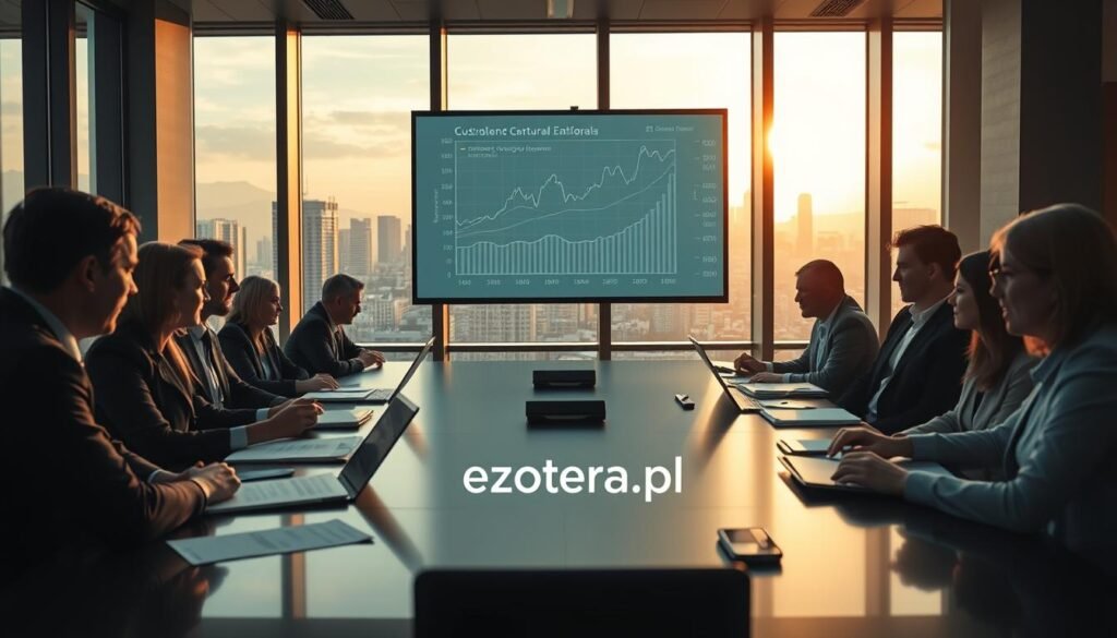 A dramatic office scene illustrating the theme of control and finance in cultural institutions. In the foreground, a diverse group of professionals in smart business attire are engaged in a serious discussion around a large conference table, with documents and digital tablets spread out. In the middle, a large projection screen shows a complex graph highlighting financial data and institutional reports, symbolizing oversight and analysis. In the background, tall windows reveal a cityscape, bathed in soft, golden hour lighting that casts a warm glow over the room, creating a tense yet hopeful atmosphere. The overall mood is one of urgency mixed with responsibility, emphasizing the importance of accountability in cultural institutions. The image should evoke professionalism and thoughtful deliberation, branded with "ezotera.pl".