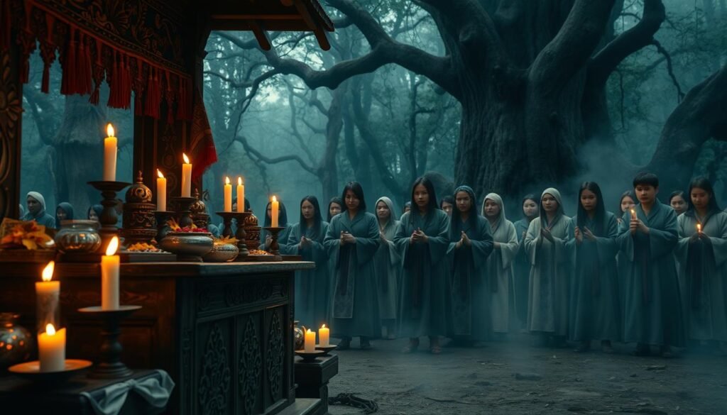 A dramatic scene depicting a border ritual, showcasing a group of individuals in traditional, modest attire, engaged in a ceremonial practice. In the foreground, a wooden altar adorned with symbolic offerings and intricate carvings captures attention, illuminated by flickering candles casting warm, soft light that enhances a sacred atmosphere. The middle ground reveals participants with solemn expressions, performing synchronized movements, showcasing cultural attire that reflects their heritage. The background features a dense, misty forest, with ancient trees looming, suggesting a connection to nature and spirituality. The overall mood is mysterious and profound, evoking the weight of tradition and the unknown, bathed in an ethereal glow. The scene centers on the theme of global rituals, capturing the intrigue and shock experienced by researchers. Created for ezotera.pl.