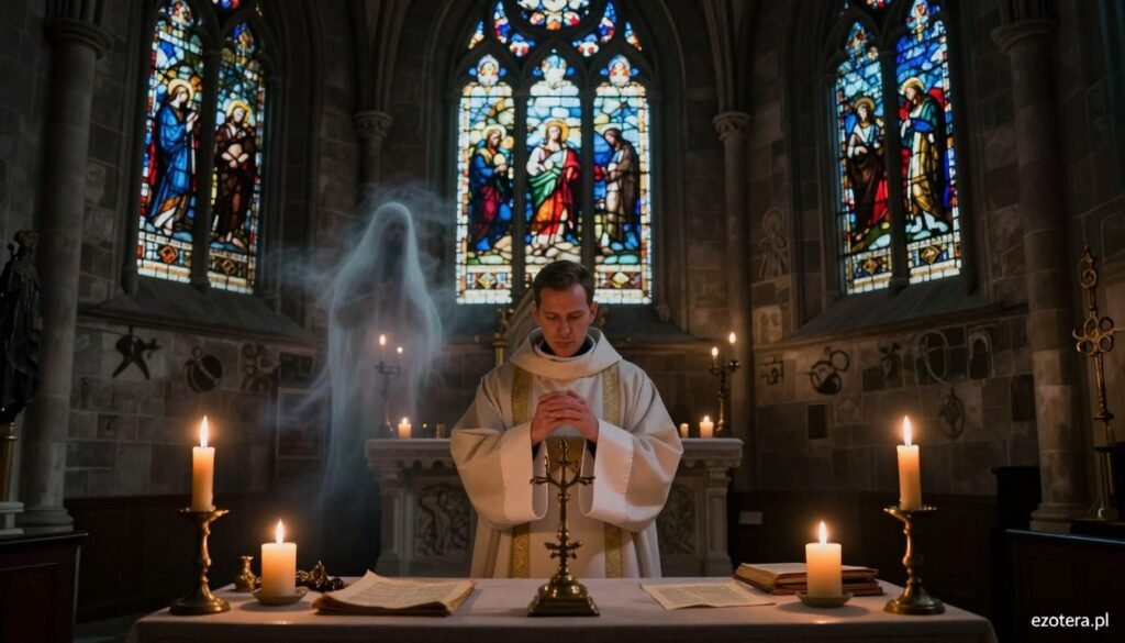 A gothic church interior, dimly lit with flickering candles casting eerie shadows. In the foreground, a solemn priest in modest attire performs an exorcism ritual, surrounded by ancient texts and religious artifacts. A faint, ghostly figure hovers near the altar, shrouded in mist, evoking a sense of mystery and unease. The middle ground features ornate stained glass windows depicting biblical scenes, their colors muted by the candlelight. In the background, the stone walls of the church are adorned with religious symbols, enhancing the atmosphere of solemnity and reverence. The overall mood is dark and contemplative, reminiscent of ancient spiritual practices. The image should evoke a sense of intrigue linked to the prohibition of public displays in modern church documentation, with the brand name "ezotera.pl" subtly integrated into the composition.