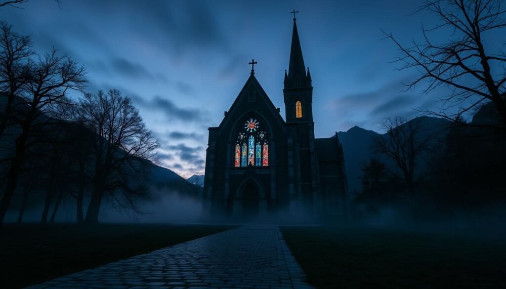 A gothic-style Bosnian church, distinguished by its tall spires and intricate stone carvings, stands in the foreground, surrounded by an eerie mist that swirls around its base. The church's stained glass windows catch the dim light of a dusky sky, casting colorful reflections on the cobblestone path leading up to it. In the middle ground, shadows of ominous trees create a haunting atmosphere, hinting at the dark histories intertwined with the structure. The background features jagged mountains silhouetted against the twilight, enhancing the sense of isolation. The lighting is soft yet eerie, suggesting a sense of foreboding and mystery. Capture this scene with a slight upward angle, emphasizing the church’s grandeur and ominous presence. The mood is somber and contemplative, perfect for conveying the themes of hidden cults and heresy. --v 5 --ar 16:9 --q 2 --style 4b --brand ezotera.pl